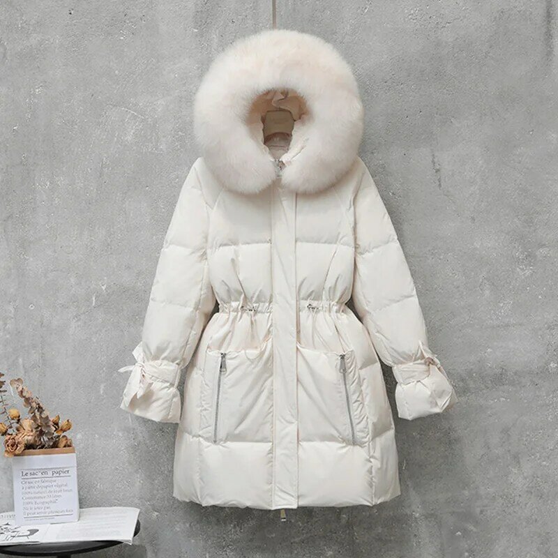 Chaqueta de plumón de mapache para mujer, Abrigo con capucha y bolsillos grandes, Parka cálida de plumón de pato blanco, fajín, novedad de invierno de 2022