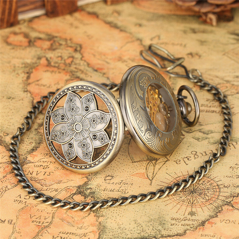 Jam tangan kerangka bunga Pria Wanita, arloji saku angin mekanis, jam tangan Skeleton Vintage hadiah terbaik Reloj