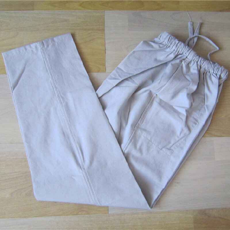 Calças masculinas de algodão tradicional chinês, calças compridas soltas de cintura elástica para homens kung fu wu shu tai chi