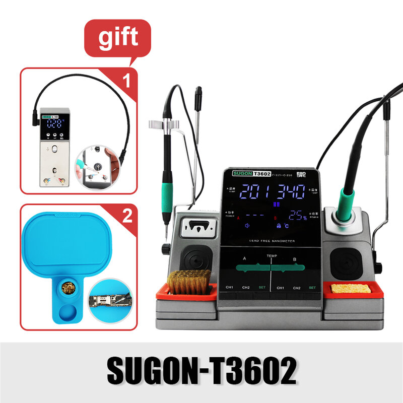 Sugon อุปกรณ์เชื่อมสายไฟ T3602 210หัวเชื่อมสถานีคู่สำหรับซ่อมโทรศัพท์มือถือ PCB SMD IC เครื่องมือบัดกรี