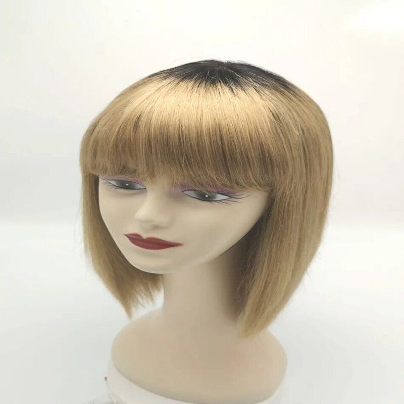 Ombre Blonde Menschliches Haar Perücke mit Pony Erdbeere Blonde Stirnband Perücken Natürliche Schwarz Wurzel 1B/27 Zwei Getönten Perücken für Schöne Frauen