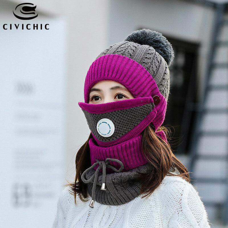 CIVICHIC Masker Syal Topi Rajut Musim Dingin Wanita Fashion Populer 3 Set Beanie Pompon Tebal Setelan Hangat Topi Bulu Penghangat Leher SH123