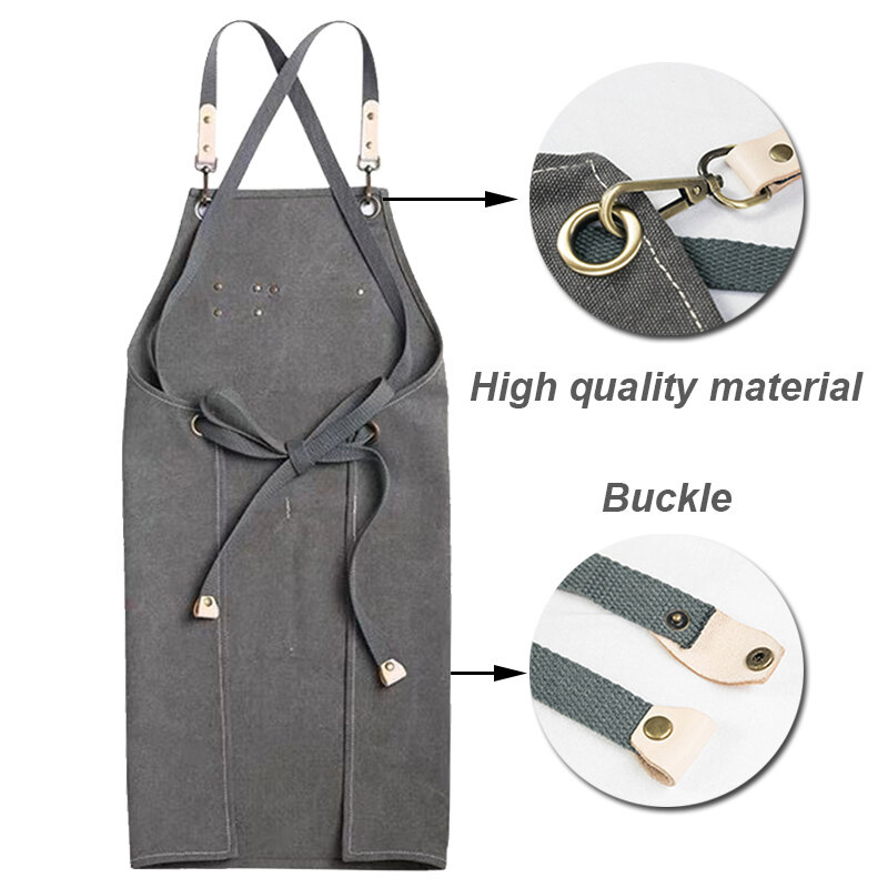 Waxed Canvas Apron Heavy Duty Adjustable Back Cross Strap Shop Apron with Tool Pocket for Chef Barber BBQ Hairdresser Work Apron