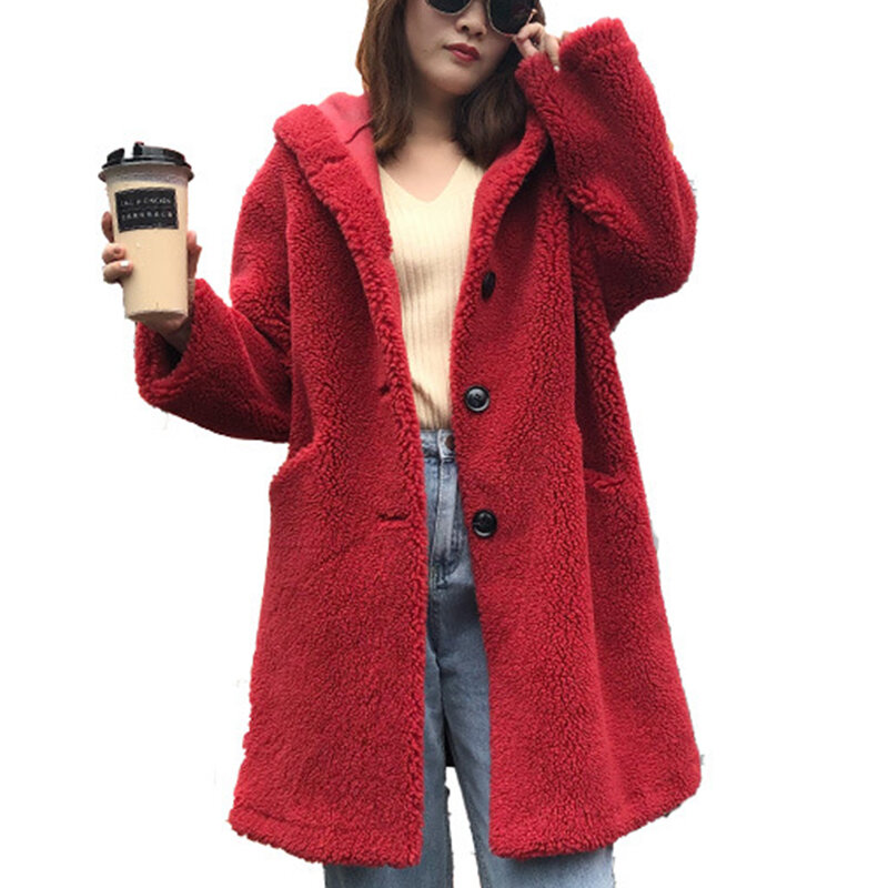 Musim Dingin Wanita Domba Geser Mantel Panjang dengan Topi Single-Breasted Lapel Kerah Butir Bulu Wanita Longgar mantel Fashion Kasual