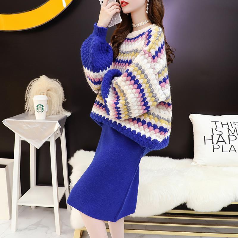 Oversized Sweaters for Women Knitted Sweater Set Fall Lantern Sleeve Casual Student Skirt Two-Piece Set Women Pink Cute Sweater