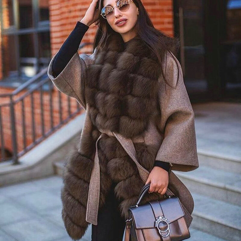 Abrigo de mezcla de lana Natural para mujer, Abrigo largo con Cuello de piel de zorro, a la moda, de Cachemira con cinturones, para invierno