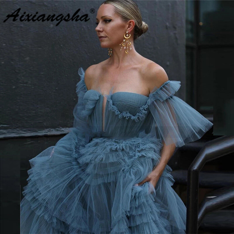 Aixiangsha 더스티 블루 요정 이브닝 드레스, 오프 숄더, 짧은 푹신한 소매, 티어드 여성, 무도회 가운