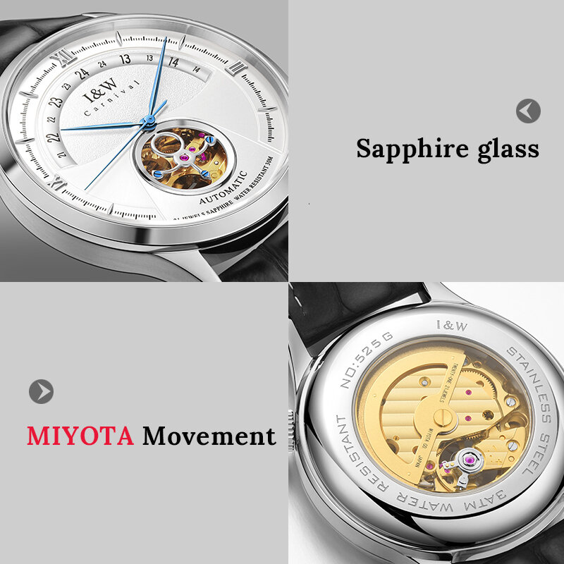I & W MIYOTA-Relógio Mecânico Automático Tourbillon Masculino, Vidro de Safira Impermeável, Itália Couro Banda, Moda Suíça, 2022