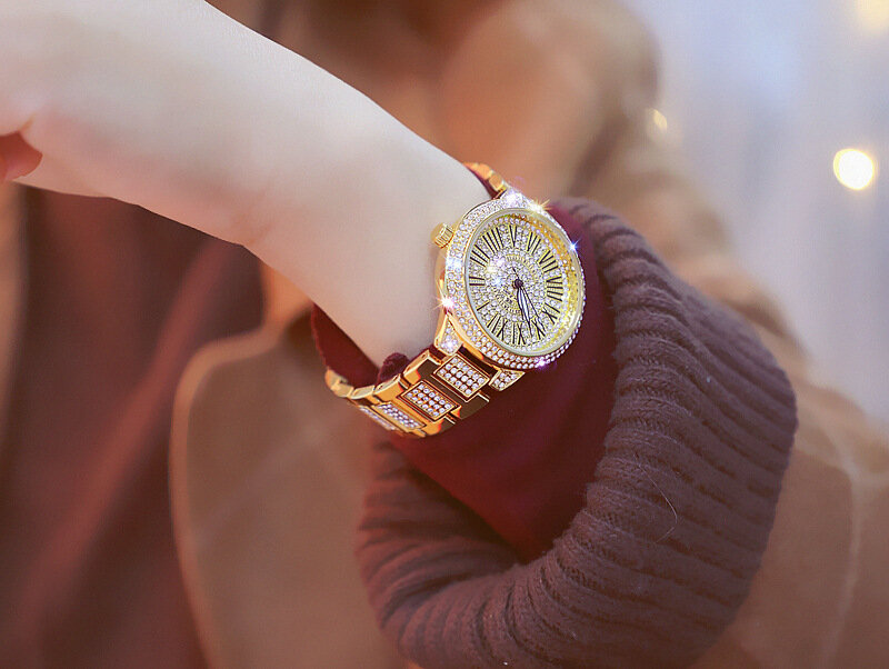 Bs novo relógio de pulso de cristal das mulheres, relógio inteiramente com diamantes, pulseira de quartzo para mulheres