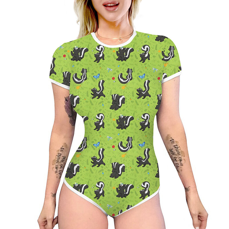Women Summer Casual Slim Rompers Adults Cartoon Print Short Sleeve Round Neck High Waist Playsuits Home Sleepwear