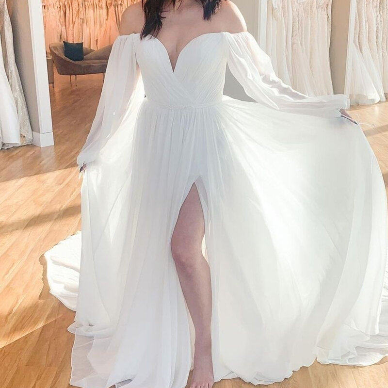Шифоновое свадебное платье с длинным рукавом, разрезом, открытой спиной