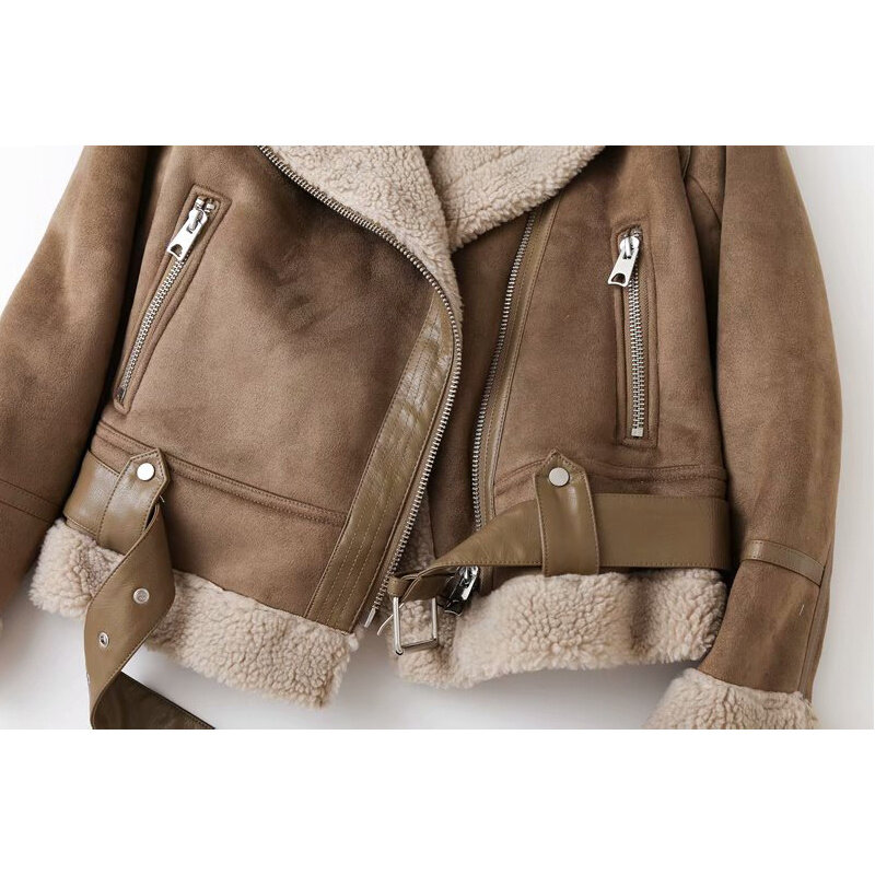 Faux Shearling Sheepskin Jaquetas de couro falso para mulheres, Lady Thick Warm Suede Coats, Lambs Brown Motorcycle Coats, Inverno
