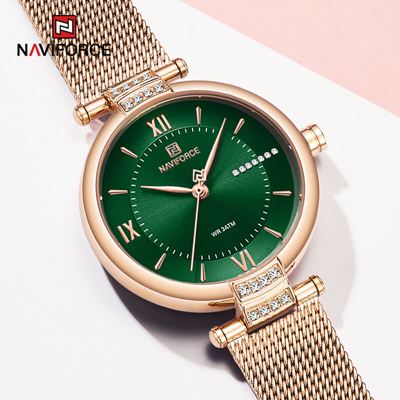 NAVIFORCE แบรนด์หรูนาฬิกาเพชรสำหรับแฟชั่นสำหรับผู้หญิงโรมัน Lady นาฬิกาข้อมือควอตซ์กันน้ำสายรัดเหล็กสาวสร้อยข้อมือ