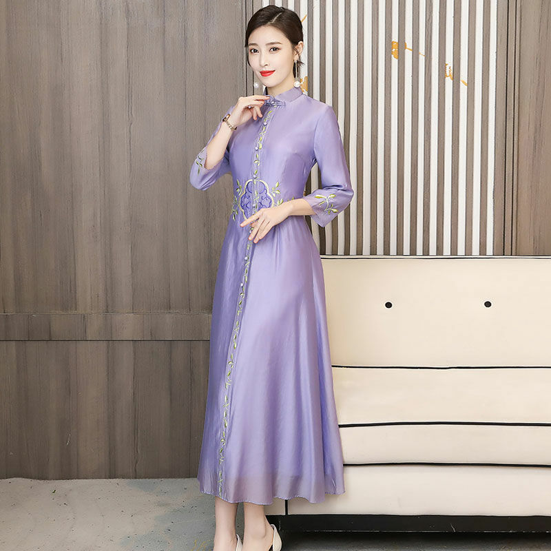 Gaun Cheongsam Fashion Gaun Qipao Retro Bordir Bunga Gaya Cina Baru Gaun Sifon Temperament Femme Orientale