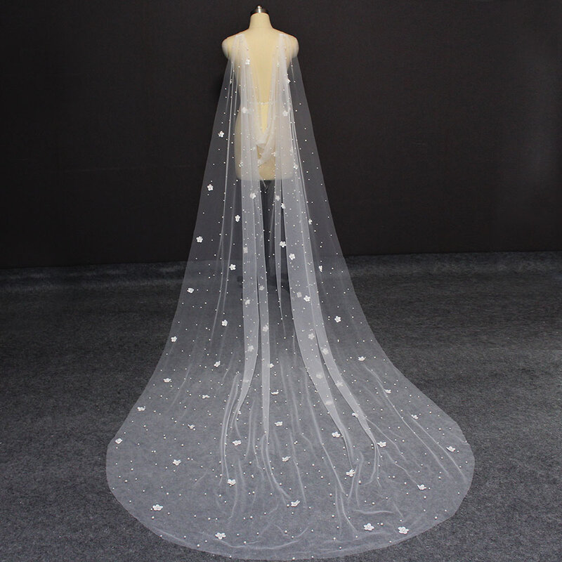 Fotos reales de perlas, Bolero de boda con flores, 3 metros de largo, capa nupcial con perlas, accesorios de boda, Bolero Bruid