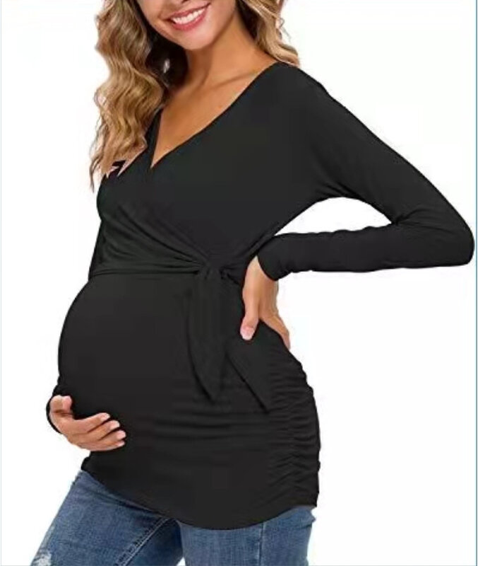 ชุดคลุมท้องเสื้อ Maternity ฤดูใบไม้ผลิและฤดูใบไม้ร่วง Tops ให้นมบุตร V คอเซ็กซี่หญิงตั้งครรภ์