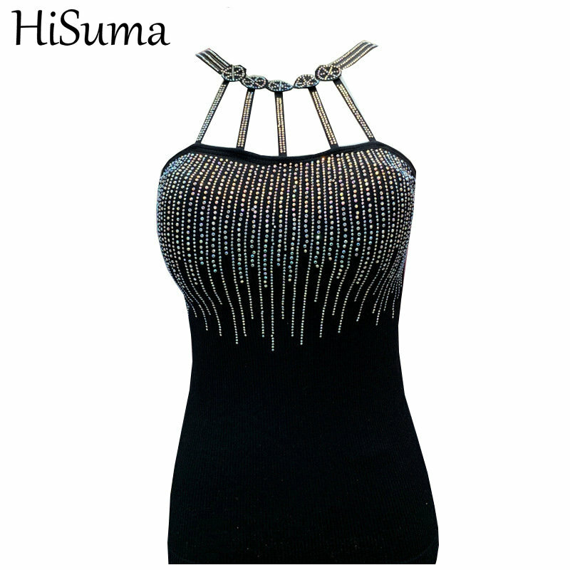 Hisuma-女性用ホルターネックシャツ,スパンコールとラインストーンのきらびやかなブラウス,クリスタルタッセル付きのベーシックシャツ,伸縮性のあるスリムなブラウス,トップス