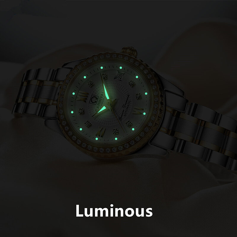 CARNIVAL-reloj mecánico de lujo para mujer, pulsera de acero inoxidable, elegante reloj automático de diamantes para mujer, 8629
