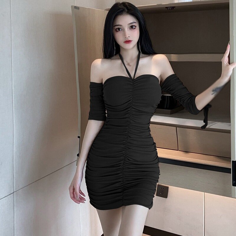 섹시한 오프 숄더 반팔 드레스 여성용, 여름 신상품 홀터 드레스 네크 라인 어깨에서 보여주는 블랙 바디콘 드레스