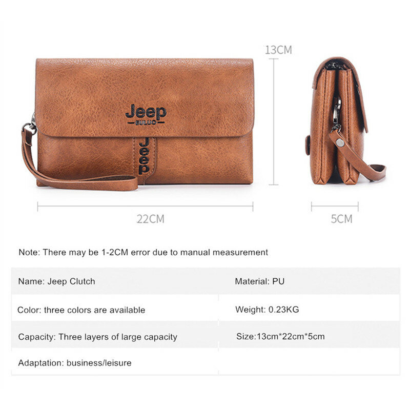 JEEP BULUO Mens Wallet Clutch Bag PU Leather Coin Purse Long Fashion Business Style Men's Handbag Card Bags Soft Key Bag