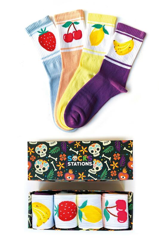 Caja de calcetines coloridos con patrón de frutas Unisex, 8 unidades (dos cajas)