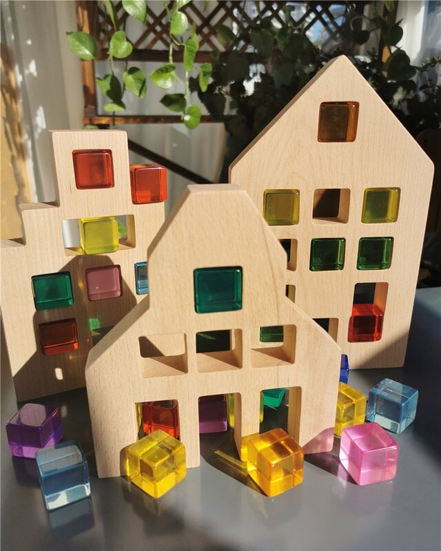 เด็ก Montessori ของเล่นไม้ขนาดใหญ่ภาษาดัชคำไม้ขนาดใหญ่ Lucite Cube สร้างสรรค์การศึกษาบล็อกวันเกิดของขวัญ