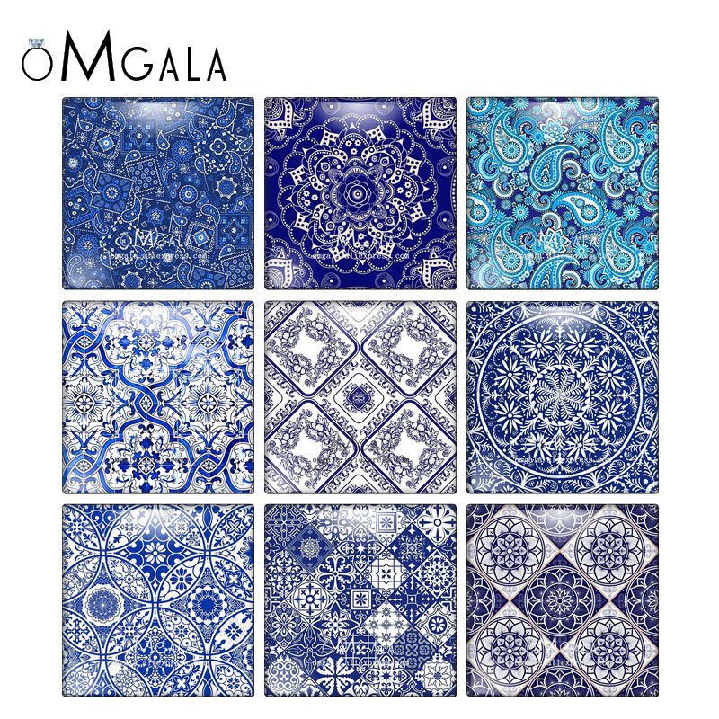 Flores de Color azul con patrones de Paisley, cabujones cuadrados mezclados de 12mm, 20mm, 25mm y 30mm, para fotos de vidrio, 10 unidades