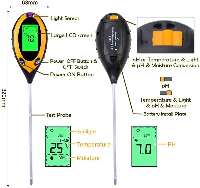 Kit Testador de pH do Solo para Flores, 3 em 1, 4 em 1, Umidade do Solo, Acidez, Umidade, Medidor, Planta