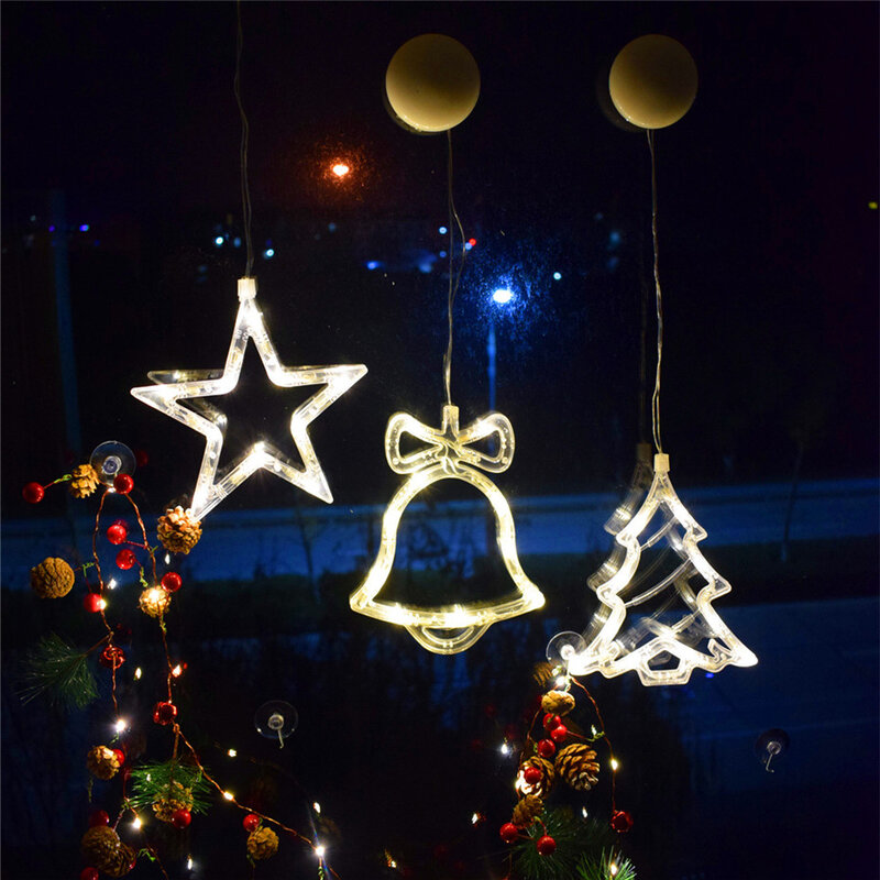 Led natal hangling ornamentos porta e janela papai noel elk sinos luzes de natal floco de neve ventosa luz na bateria