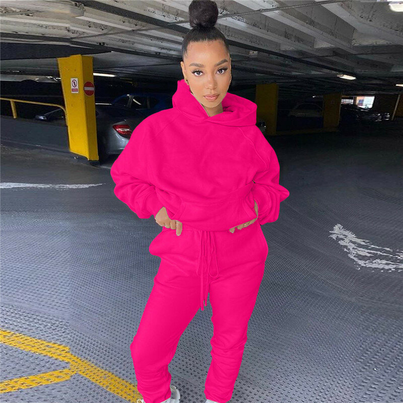 2020 Solid Women's Set Hooded Sweatshirt Jogger Pants Suit Tracksuit Matching Two Piece Set Autumn Winter Casual Outfits