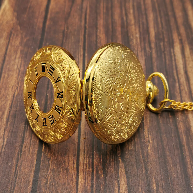 Jam Tangan Saku Quartz Angka Romawi Emas Mewah Rantai Pria Wanita Casing Berongga Kalung Liontin Antik Hadiah Terbaik untuk Pria Wanita