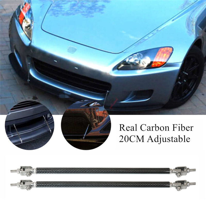 Separador de labios de parachoques delantero ajustable de fibra de carbono, puntal de amarre para caña, barra de soporte de 200mm, 2 piezas