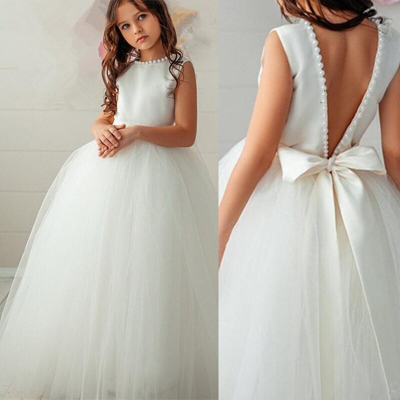 Bez pleców perły dziewczęca sukienka w kwiaty bufiasta przyczepa bufiaste suknie na przyjęcia weselne dla dziewczynki pierwsza komunia sukienki euchrarium księżniczka