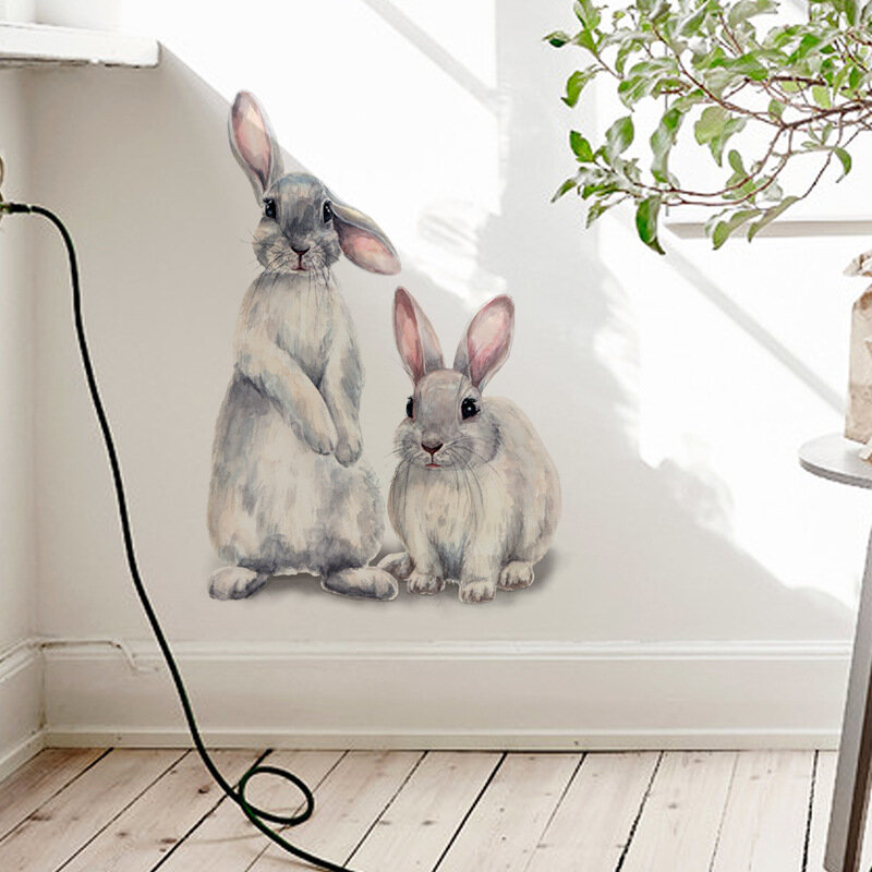 Pegatinas de pared de dos conejos bonitos, decoración del hogar para habitación de niños, papel tapiz extraíble, Mural para sala de estar y dormitorio, calcomanías de conejo
