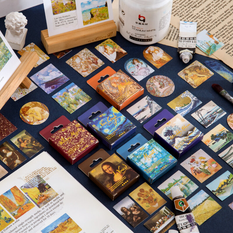 Journamm 45 Buah/Lot Lukisan Terkenal Dunia Seri Stiker Kotak Mini Buku Tempel Alat Tulis Dekoratif Kreatif Stiker Penyegel