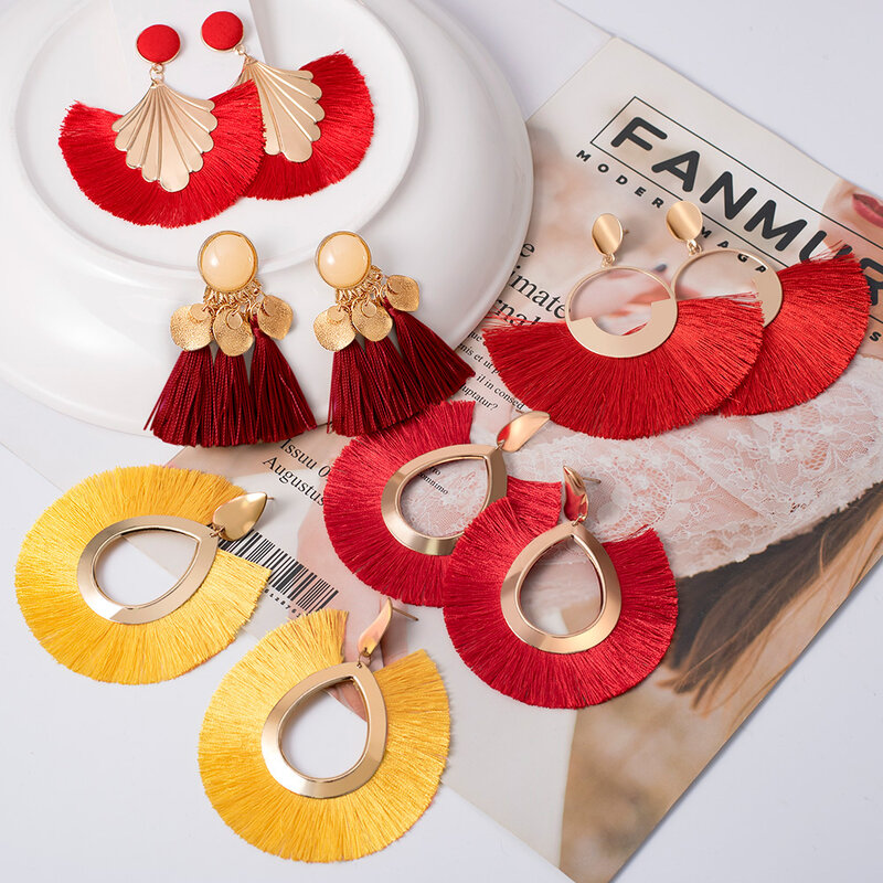 BLINLA Mode Böhmischen Große Quaste Baumeln Ohrringe für Frauen Erklärung Hochzeit Rot Fringe Weibliche Ohrringe Za 2021 Schmuck