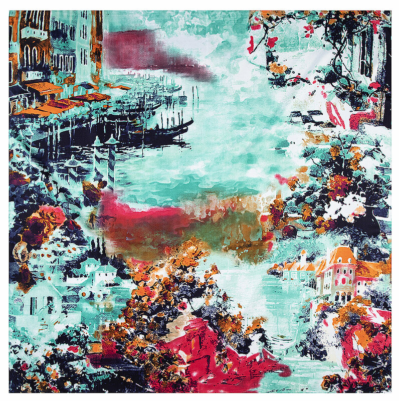Классический Новый квадратный шелковый шарф с рисунком картины маслом, дом, вода, деревня, корабль, Дамский брендовый саржевый шарф, женский платок, шарфы для дам, шаль