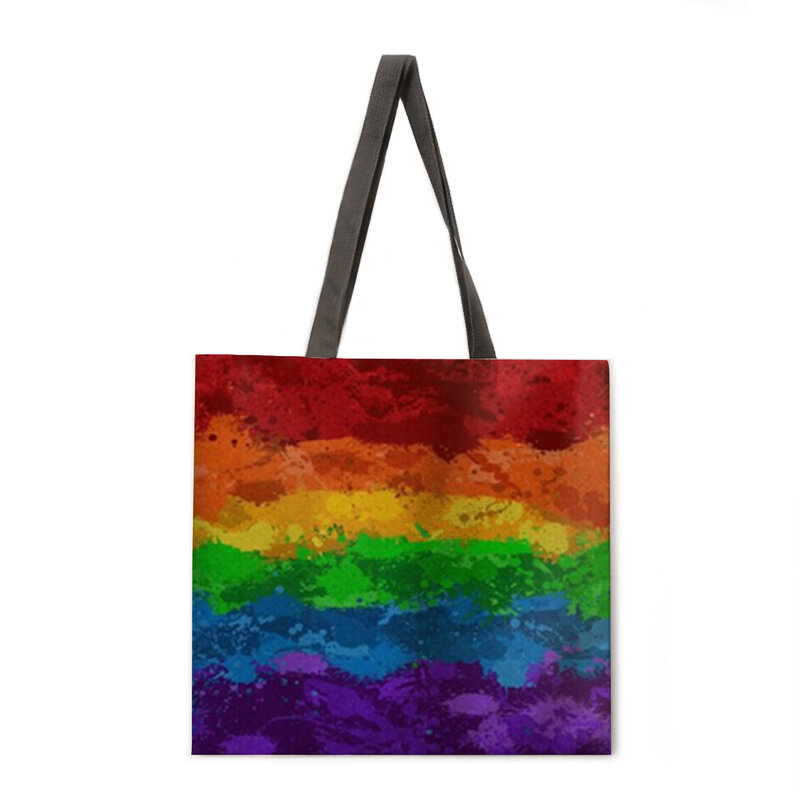 Bolsa de ombro impressa listra arco-íris para senhoras, bolsa casual, tecido de linho, sacola de compras reutilizável
