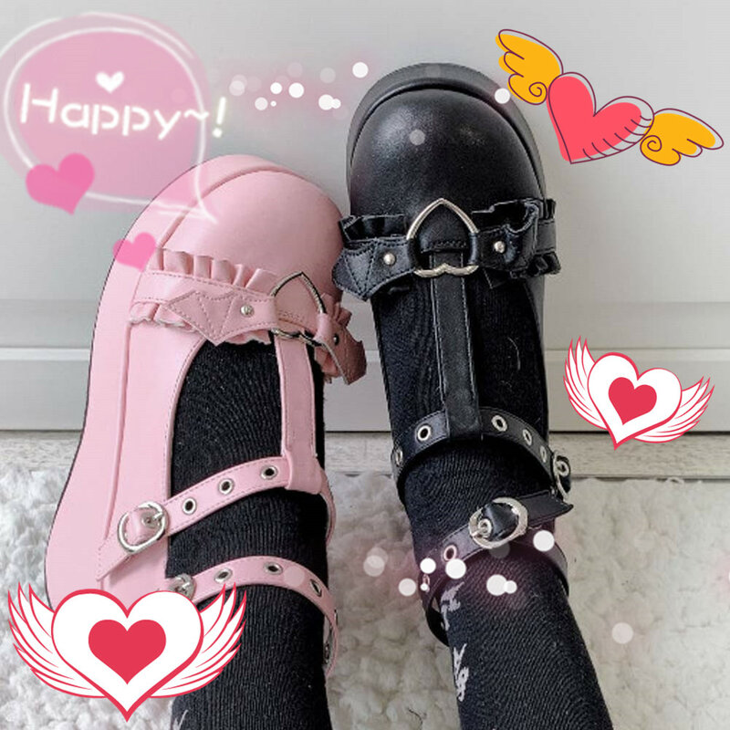 Zapatos de tacón con hebilla para mujer, cuñas de plataforma con diseño de murciélago y Ángel, estilo Lolita japonés, novedad de 2021