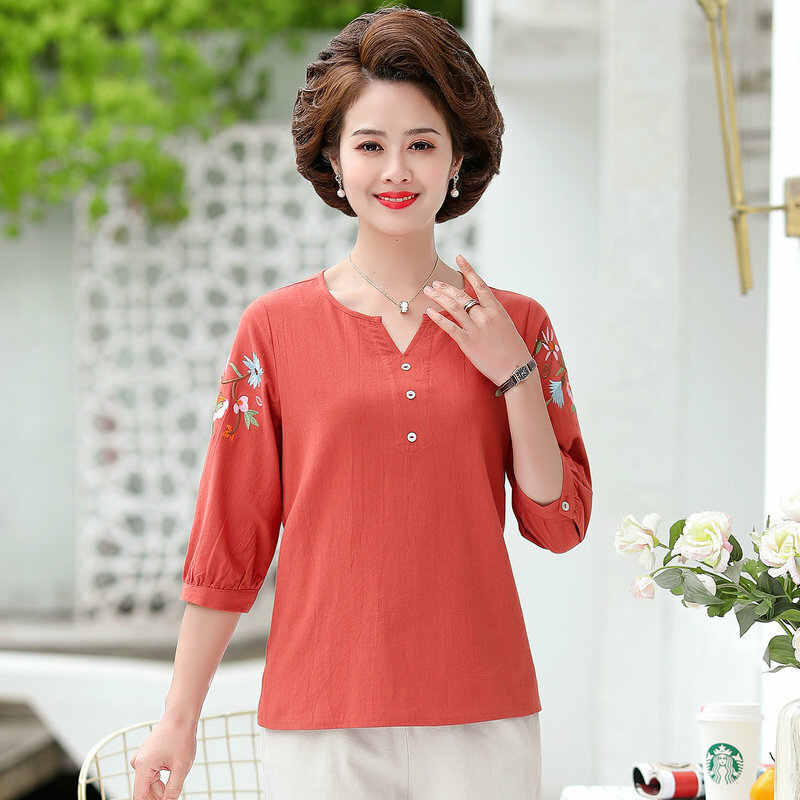 Blusas de algodón Casual para mujeres de estilo chino rosa azul Flor naranja bordado media manga blusa campesina mujer Stitchwork última novedad