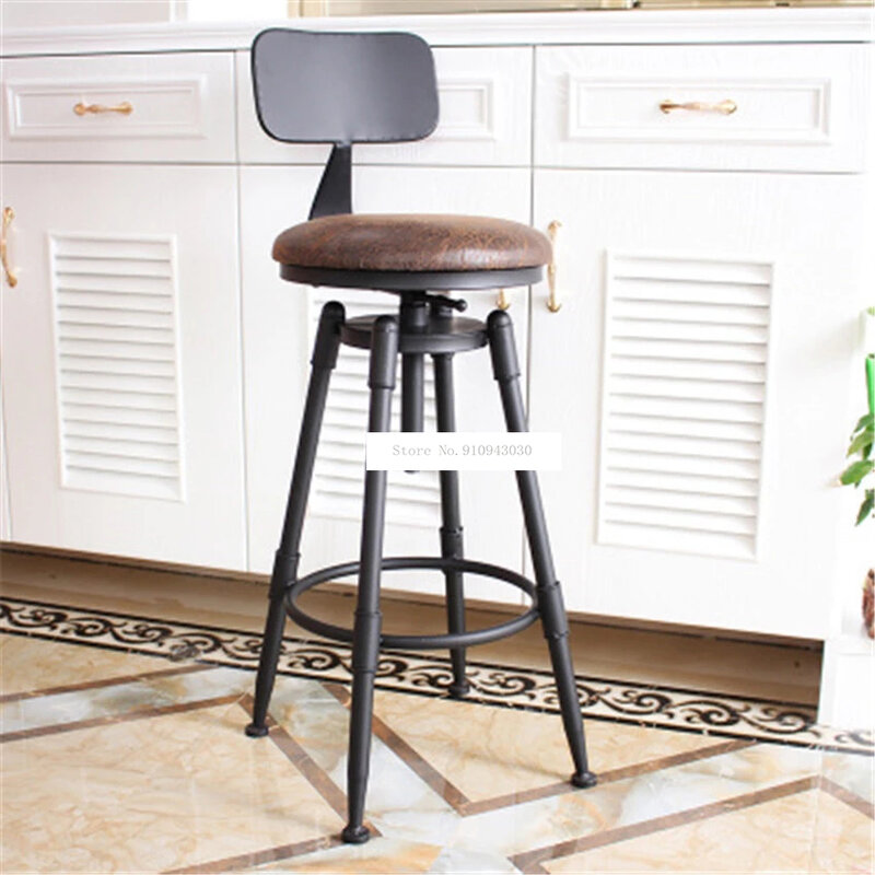 Retro American Country Style Swivel Bar Chair Stool Iron Art Wood/Soft Cushion Seat High Footstool Rotatable Liftable Bar Chair