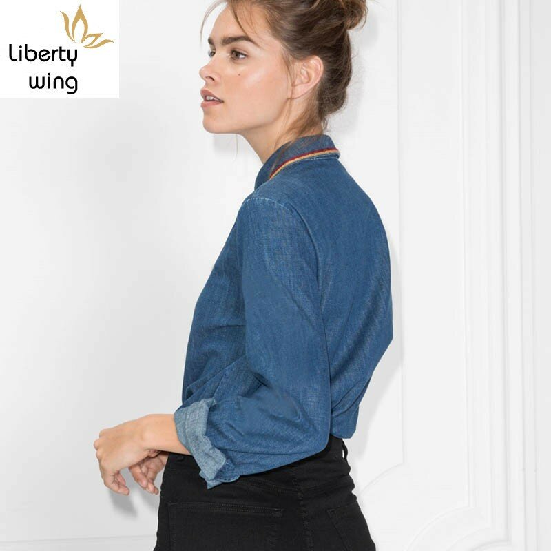 Fashion Wanita Denim Blus Top Kualitas Tinggi Warna Bergaris Lengan Panjang Kemeja Jeans Single Breasted Kantor Wanita Kasual Kemeja