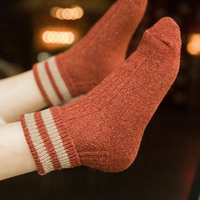 1 Pair 2 Striped Mid Women Socks Keep Warm Casual Thickened Elastic Gift Winter Autumn Wool Soft Home Comfortable