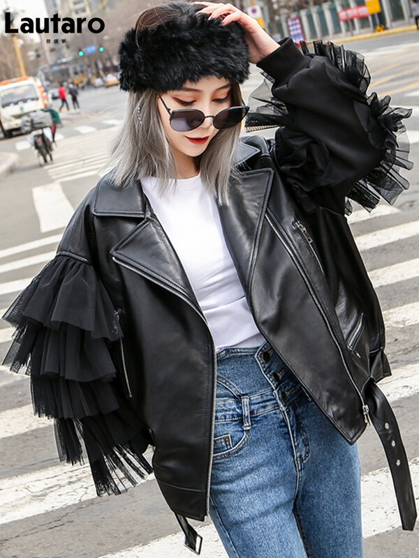 Lautaro-Jaqueta curta de motociclista de couro preto para mulheres, patchwork de renda extragrande, manga comprida, roupa solta, casaco elegante, outono