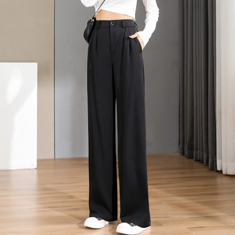 Celana panjang wanita, celana lurus Vintage pakaian kantor longgar Korea musim semi/musim panas/musim gugur kaki lebar perempuan