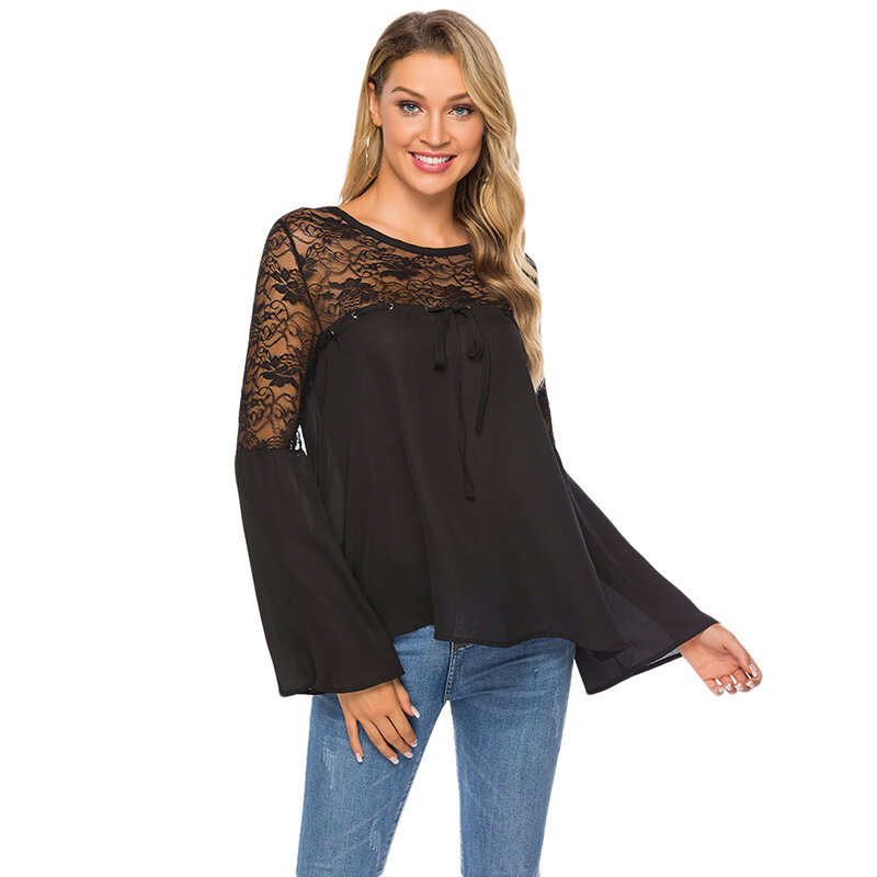 Lace Patchwork Shirt Women Casual Bell sleeve Tops Blouse Solid Color Large size Ladies Loose Tops Shirts Female Blusas /PT