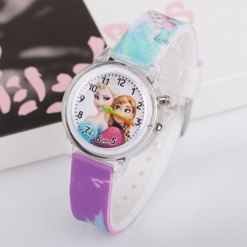 ดิสนีย์เจ้าหญิงแช่แข็ง Elsa เด็กการ์ตูนนาฬิกา Spiderman ที่มีสีสันไฟ Led ชายนาฬิกา KidsGift นาฬิกานาฬิกาข้อมือ