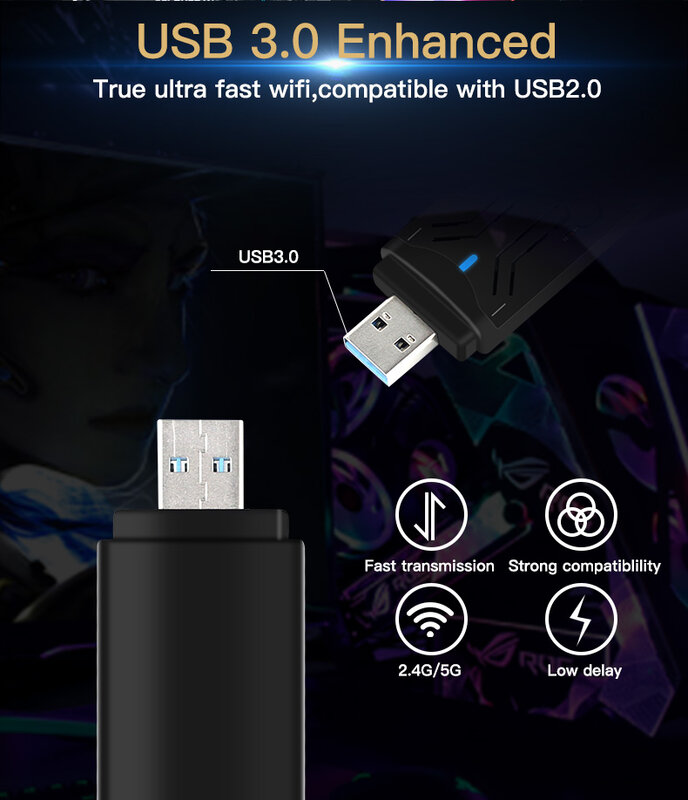 Fenvi Wifi 6 Adapter USB 1800 mb/s USB3.0 Wi-fi Dongle 1/802 dwuzakresowy 2.4G/5Ghz bezprzewodowa karta sieciowa Windows 7 10 11