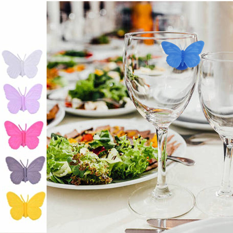 6ชิ้น/เซ็ตใหม่ซิลิโคน Butterfly Wine Glass Charms เครื่องหมาย Wine Glass Party ค็อกเทลดื่มถ้วยป้ายดูดถ้วย Identifier