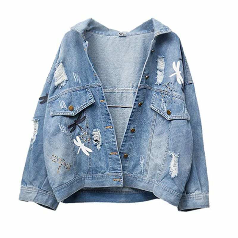 Women Denim Jacket Plus Size Loose Thin Section Fashion Decal Embroidery Pattern Lapel Blue Summer Denim Coat 5XL Veste Femme